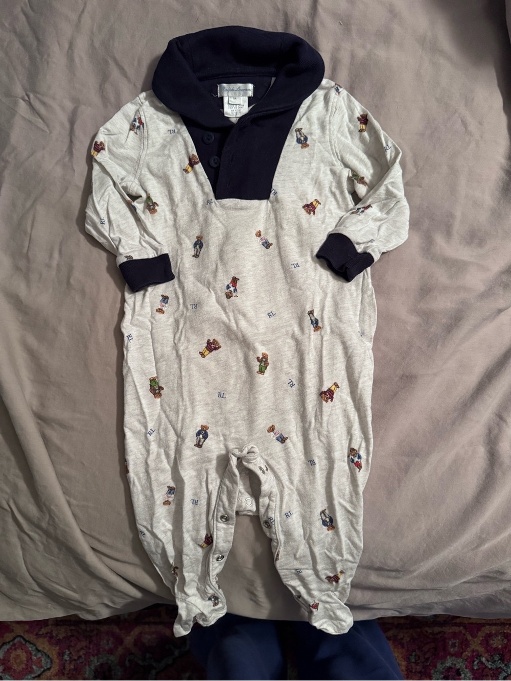 Ralph Lauren Cream Polo Bear Footed One-Piece with Navy Trim